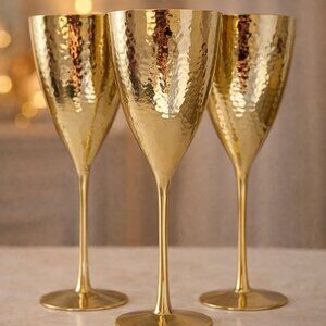 Set of 3 Elegant Gold Hammered Wine Goblets